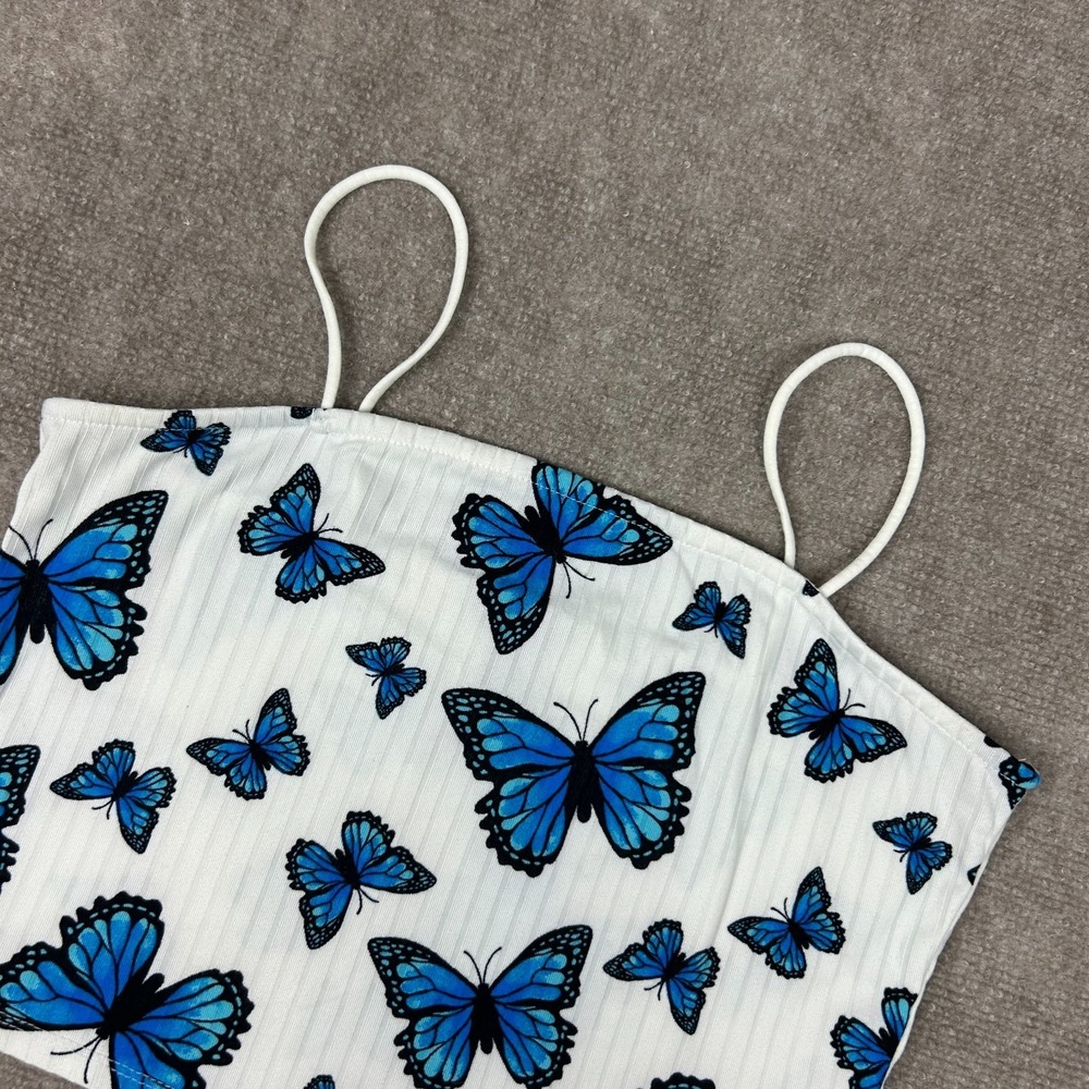 Rue21 Camisole Cropped Top Womens XL White Blue Butterfly Print Spaghetti Straps